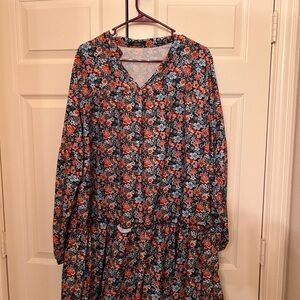 Floral V-Neck Midi Dress in Navy with Coral and Light Blue Flowers